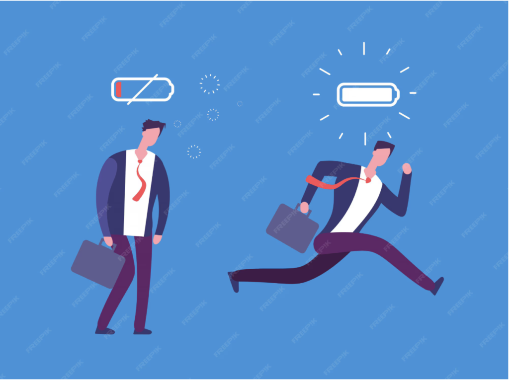 Illustration contrasting a calm, relaxed person (Leptozan energy) with a jittery, overstimulated person (stimulant‑based energy), showing the difference in how each feels