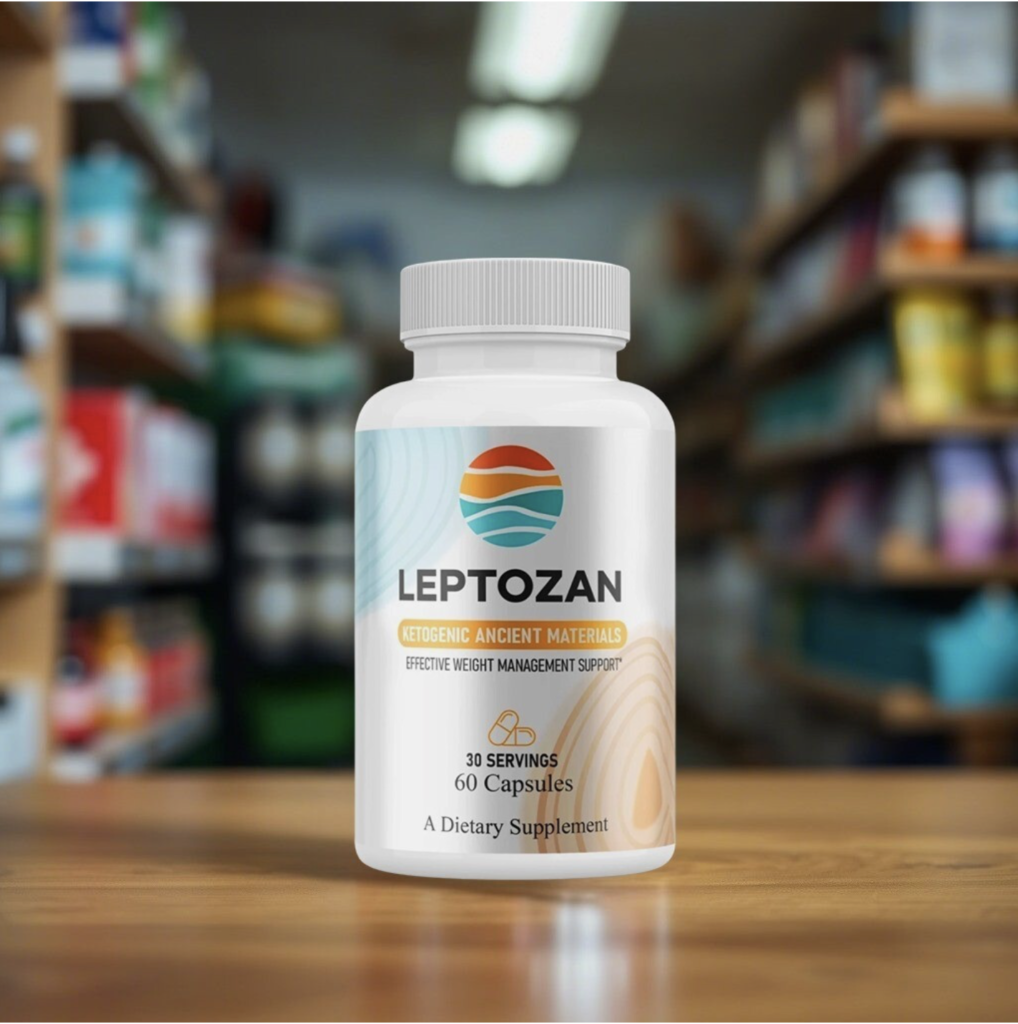 Modern Leptozan supplement bottle on minimalist marble countertop with fresh green herbs, measuring tape, and natural morning light, clean aesthetic for USA and UK fitness enthusiasts over 25